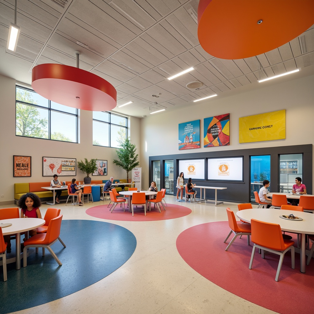 Prompt: Vibrant high school interior, modern furniture, bold color accents, geometric shapes, polished metal legs, wooden tables, ergonomic chairs, interactive whiteboards, floor-to-ceiling windows, natural light, abstract artwork, inspirational quotes, motivational posters, collaborative learning spaces, flexible seating arrangements, acoustic sound panels, dynamic lighting systems, warm beige walls, pops of bright coral, energetic yellow, calming blue tones, minimalist decor, sleek lines, functional storage solutions.