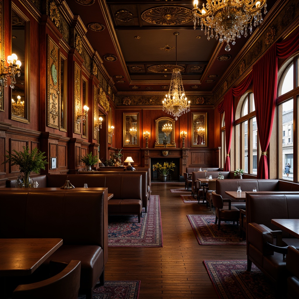 Prompt: Opulent pub interior, richly ornamented walls, intricately carved wooden panels, gilded moldings, crystal chandeliers, lavish velvet drapes, ornate metalwork, antique furniture, regal color scheme, warm golden lighting, shallow depth of field, 1/2 composition, dramatic shadows, realistic textures, ambient occlusion.