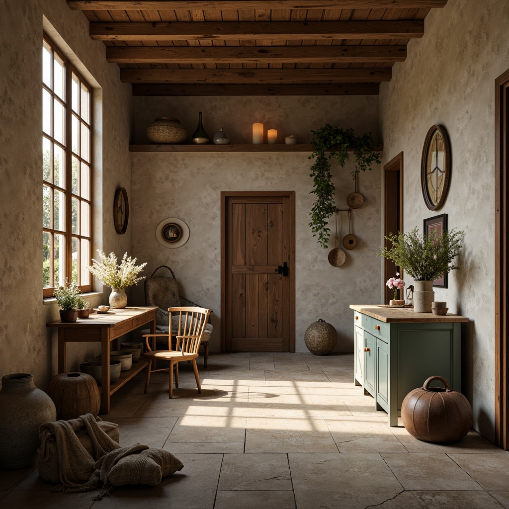 Prompt: Rustic farmhouse, vintage charm, earthy tones, warm beige, soft sage, muted blues, weathered wood accents, distressed metal details, natural stone textures, cozy candlelight, soft sunset glow, gentle warm shadows, 1/1 composition, shallow depth of field, realistic rustic materials, ambient occlusion.