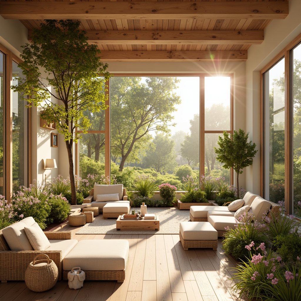 Prompt: Vibrant sunroom, warm beige walls, natural wood accents, lush greenery, blooming flowers, soft cushions, wicker furniture, bright sunlight, floor-to-ceiling windows, sliding glass doors, modern minimalist decor, pastel color scheme, calming atmosphere, serene ambiance, morning dew, gentle breeze, warm golden lighting, shallow depth of field, 3/4 composition, panoramic view, realistic textures.