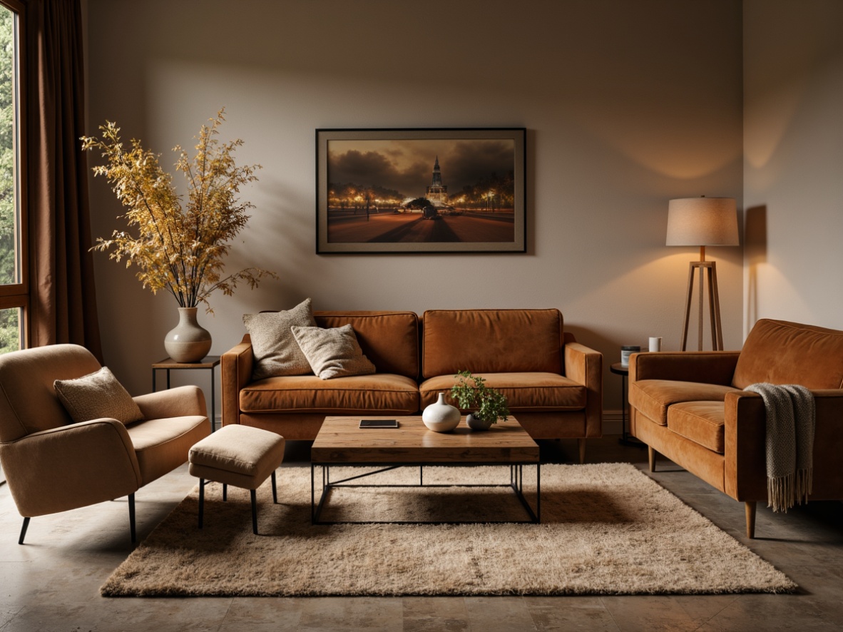 Prompt: Cozy living room, plush sofas, velvet armchairs, reclaimed wood coffee tables, metal floor lamps, soft cushions, warm beige rugs, minimalist decor, natural textiles, comfortable sectionals, ergonomic chairs, adjustable headrests, luxurious fabrics, subtle patterns, earthy tones, warm ambient lighting, 1/1 composition, shallow depth of field, realistic textures.