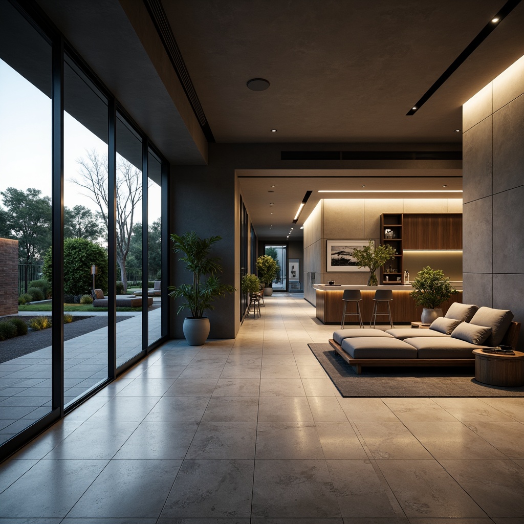 Prompt: Streamlined modern interior, sleek lines, minimalist decor, large format tiles, geometric patterns, monochromatic color scheme, matte finishes, subtle texture contrasts, floor-to-ceiling windows, sliding glass doors, ambient natural light, indirect warm lighting, 3/4 composition, shallow depth of field, realistic reflections, atmospheric rendering.