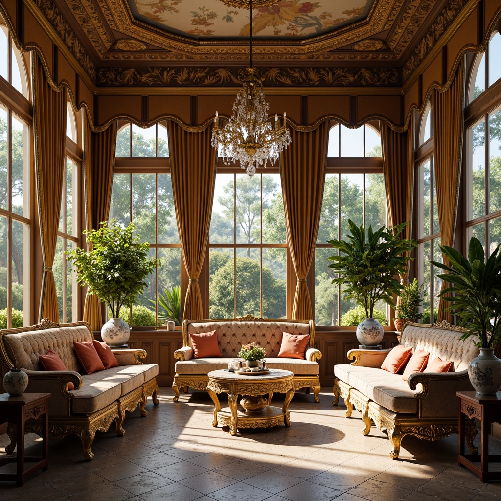 Prompt: Luxurious sunroom, ornate gilded frames, rich velvet drapes, antique wooden furniture, intricately carved legs, plush golden sofas, crystal chandeliers, delicate porcelain vases, frescoed ceiling, ornamental mirrors, lavish textiles, heavy drapery, statuesque sculptures, grandiose architecture, natural stone flooring, warm sunny day, soft diffused lighting, shallow depth of field, 2/3 composition, realistic textures, ambient occlusion.