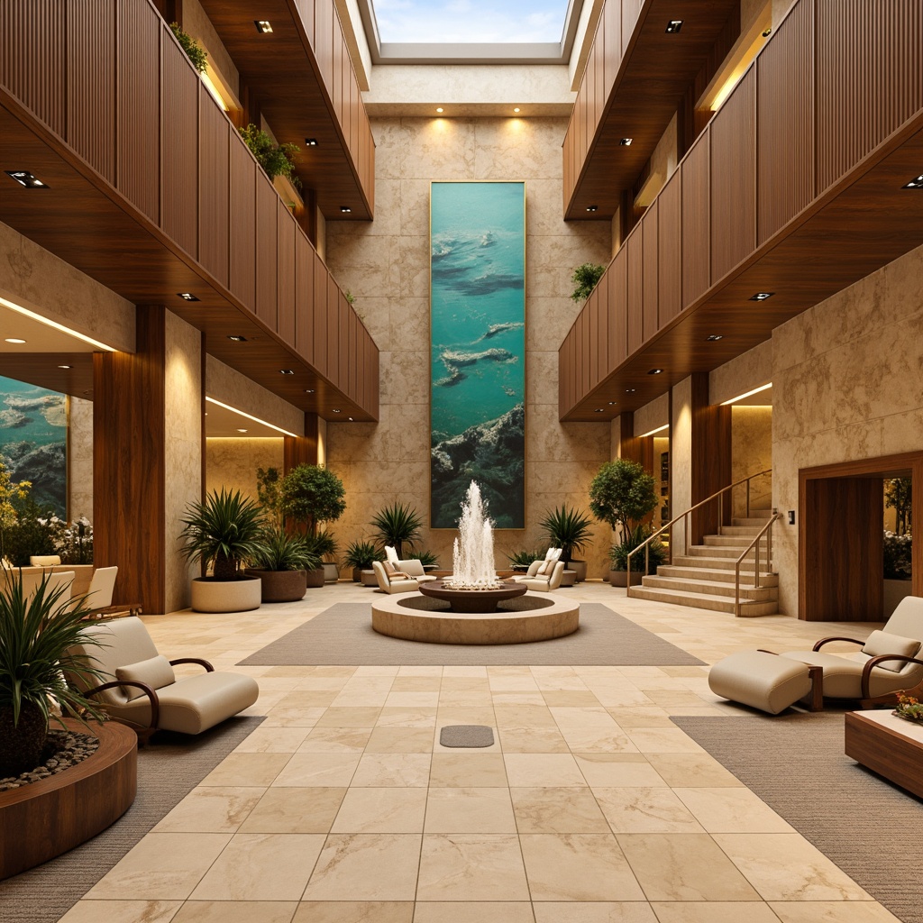 Prompt: Luxurious hotel lobby, warm beige marble floors, rich walnut wood accents, soft golden lighting, plush cream-colored furniture, vibrant turquoise artwork, natural stone walls, elegant curved staircases, sophisticated bronze metalwork, calming greenery, refreshing fountains, warm earthy tones, inviting ambiance, 1/1 composition, soft focus, ambient occlusion.