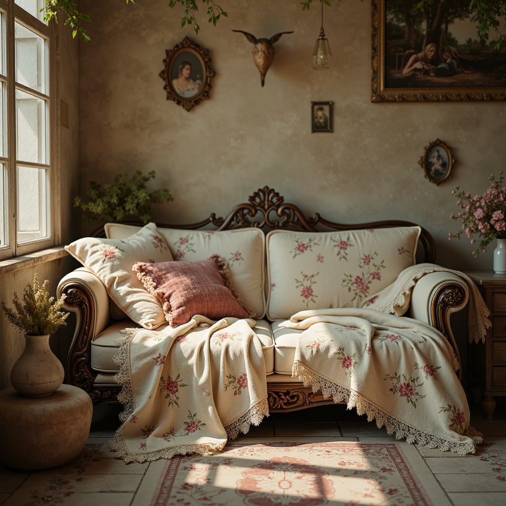 Prompt: Distressed vintage fabrics, soft pastel hues, floral patterns, lace trimmings, ruffled edges, ornate embroidery, velvet textures, antique furniture pieces, distressed wood finishes, ornate metal hardware, whimsical decorative accents, rustic country backdrop, warm golden lighting, shallow depth of field, 1/1 composition, intimate close-up shots, romantic ambiance, nostalgic atmosphere.