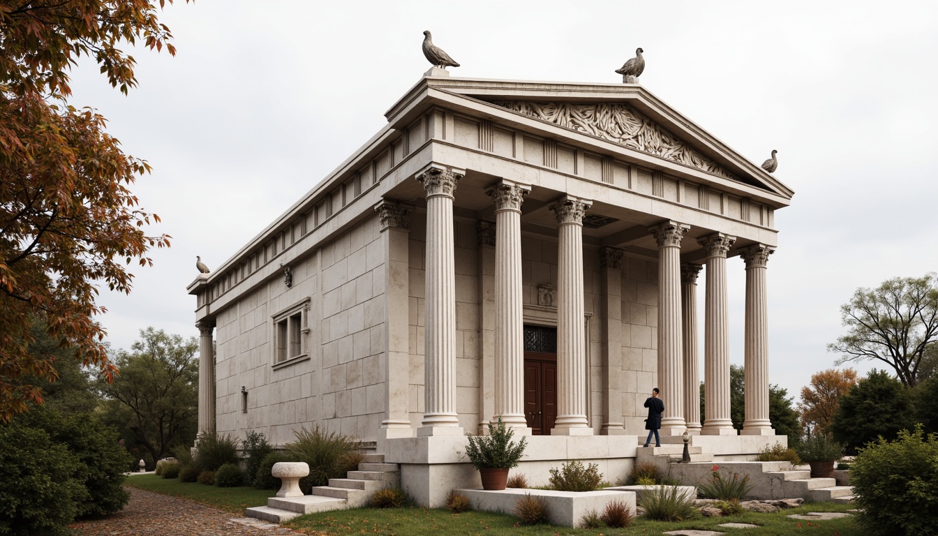 Prompt: Ancient Greek temple, towering Doric columns, white marble surfaces, ornate capitals, fluted shafts, entablature details, pediment sculptures, classic architraves, symmetrical facades, rustic stone bases, serene natural surroundings, overcast skies, warm diffused lighting, shallow depth of field, 2/3 composition, realistic textures, ambient occlusion.