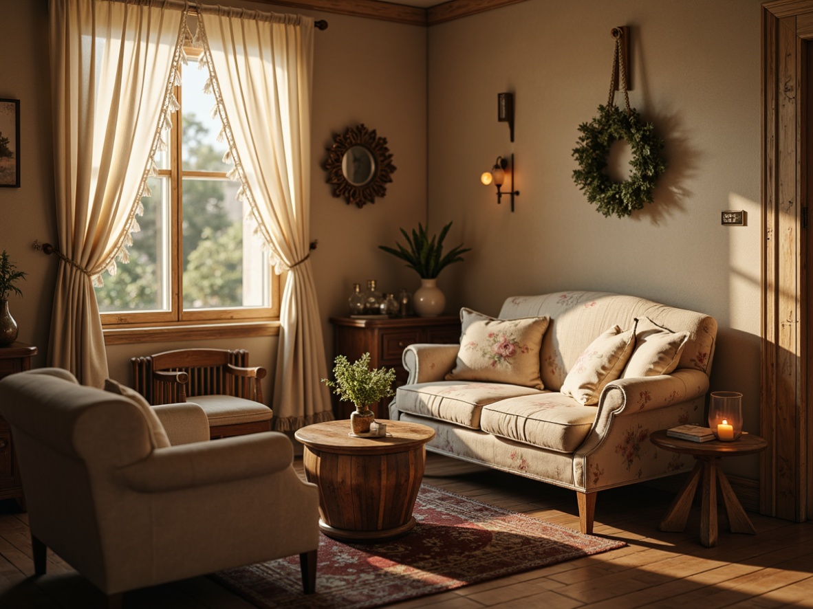 Prompt: Vintage distressed furniture, soft plush throw pillows, lace-trimmed drapes, pastel-hued velvet fabrics, floral patterns, ruffled curtains, natural wood accents, warm beige walls, rustic wooden floors, candlelit ambiance, warm golden lighting, shallow depth of field, 1/1 composition, intimate setting, realistic textures, ambient occlusion.