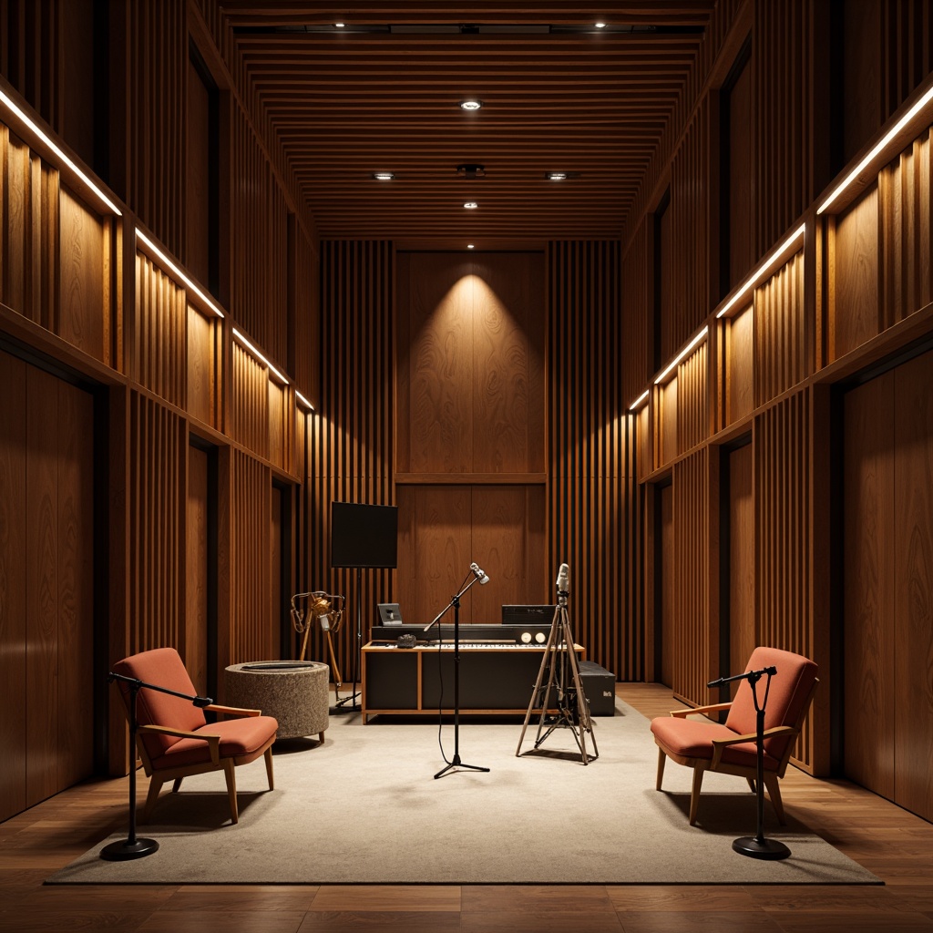 Prompt: Wooden acoustic panels, sound-absorbing materials, studio recording setup, professional audio equipment, microphone stands, vocal booths, soundproofing insulation, dark wood tones, sleek metal frames, minimalist design, ambient lighting, warm color palette, cozy atmosphere, intimate setting, 1/1 composition, shallow depth of field, soft focus, realistic textures.