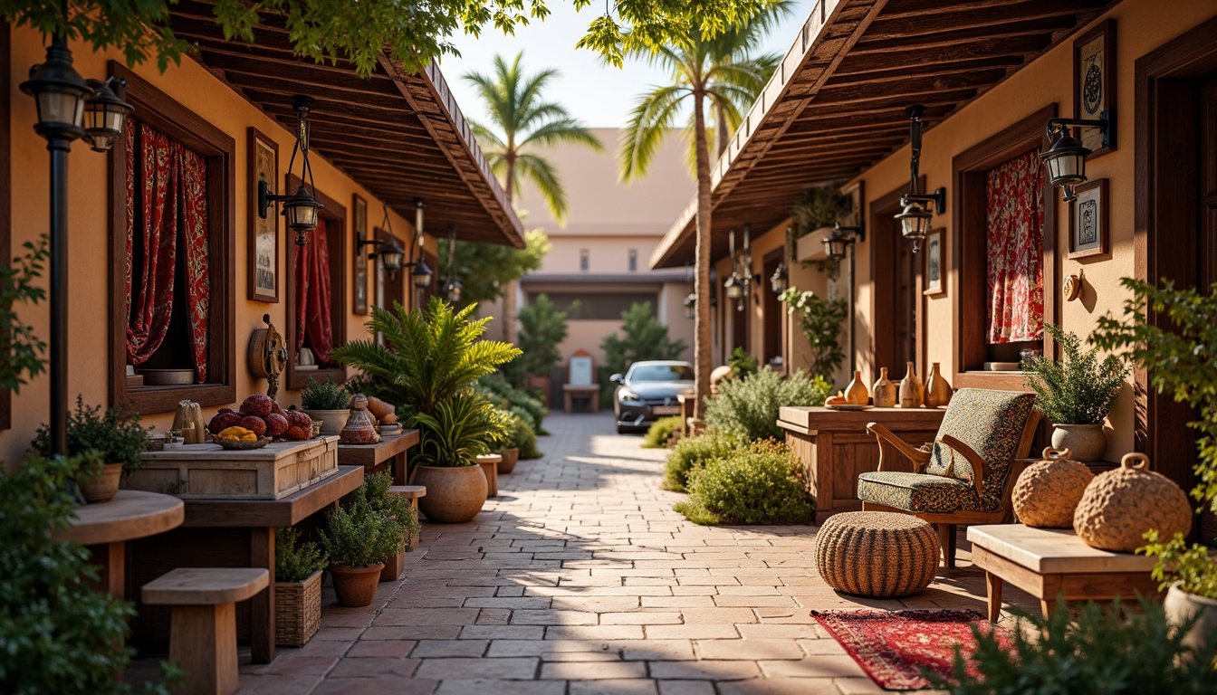 Prompt: Vibrant market stalls, traditional Middle Eastern architecture, ornate Islamic patterns, colorful textiles, intricately carved wooden accents, Moroccan-inspired tiles, rustic metal lanterns, lush greenery, fragrant spices, warm golden lighting, shallow depth of field, 3/4 composition, panoramic view, realistic textures, ambient occlusion.