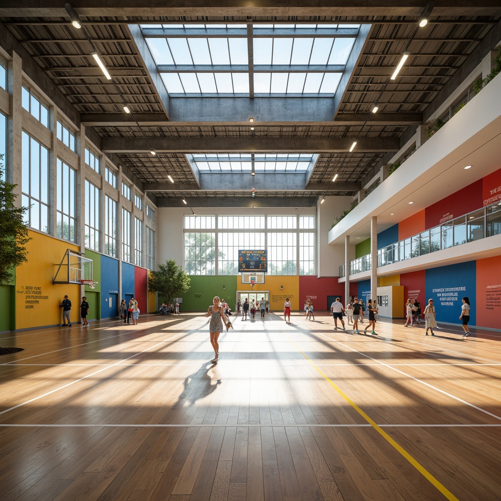 Prompt: Spacious gymnasium interior, abundant natural light, clerestory windows, high ceilings, exposed ductwork, polished wooden floors, modern sports equipment, vibrant colored walls, motivational quotes, athletic track lines, suspended scoreboard, minimalistic seating areas, refreshing greenery, bright overhead lighting, shallow depth of field, 1/2 composition, realistic textures, ambient occlusion.