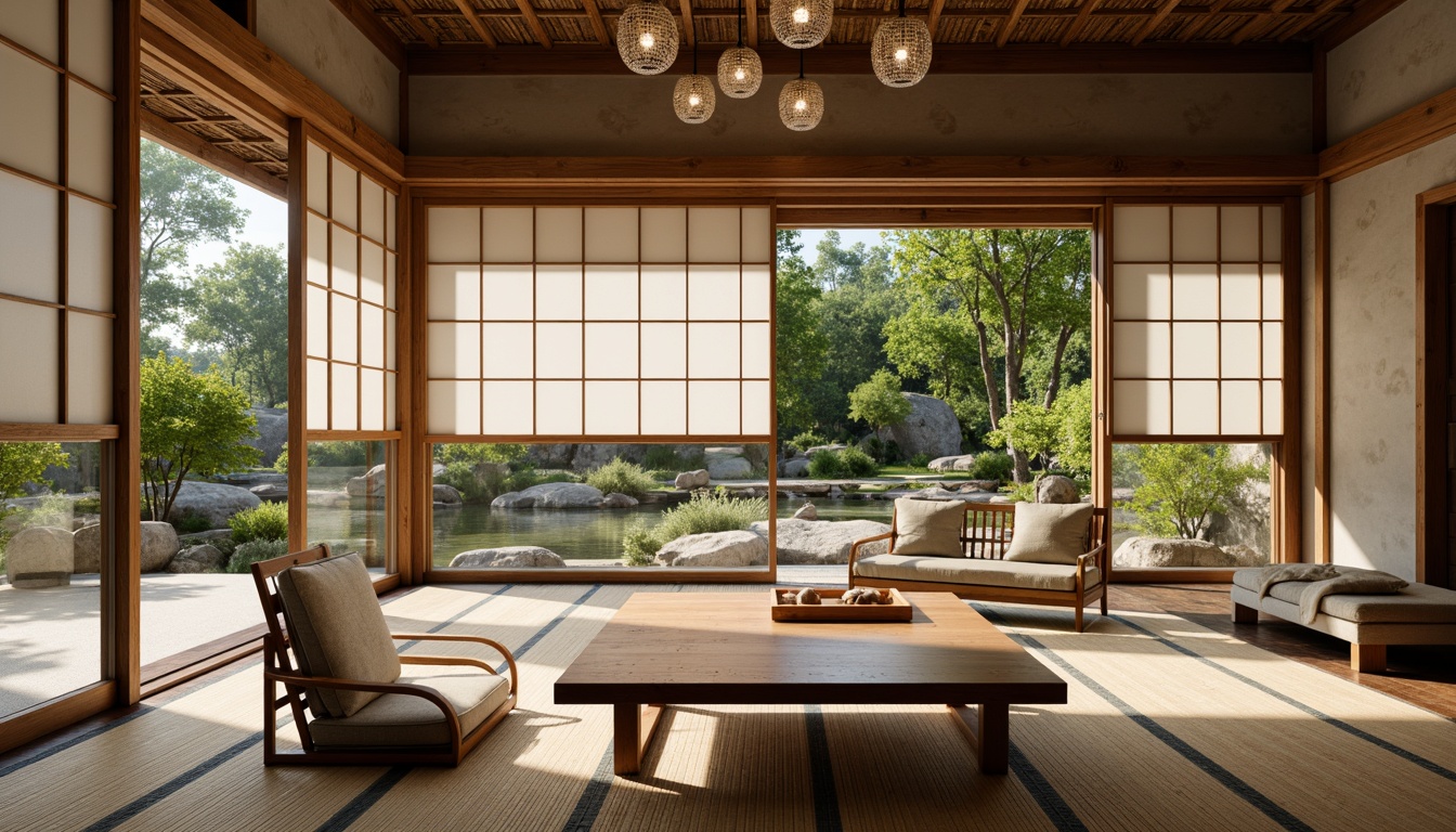 Prompt: Traditional Japanese shoji screens, sliding doors, tatami mats, low-seating chairs, intricately carved wooden tables, ornate paper lanterns, natural stone flooring, woven bamboo walls, serene water features, lush greenery, subtle lighting, warm beige tones, minimalist decor, subtle textures, 1/2 composition, soft focus, ambient occlusion.