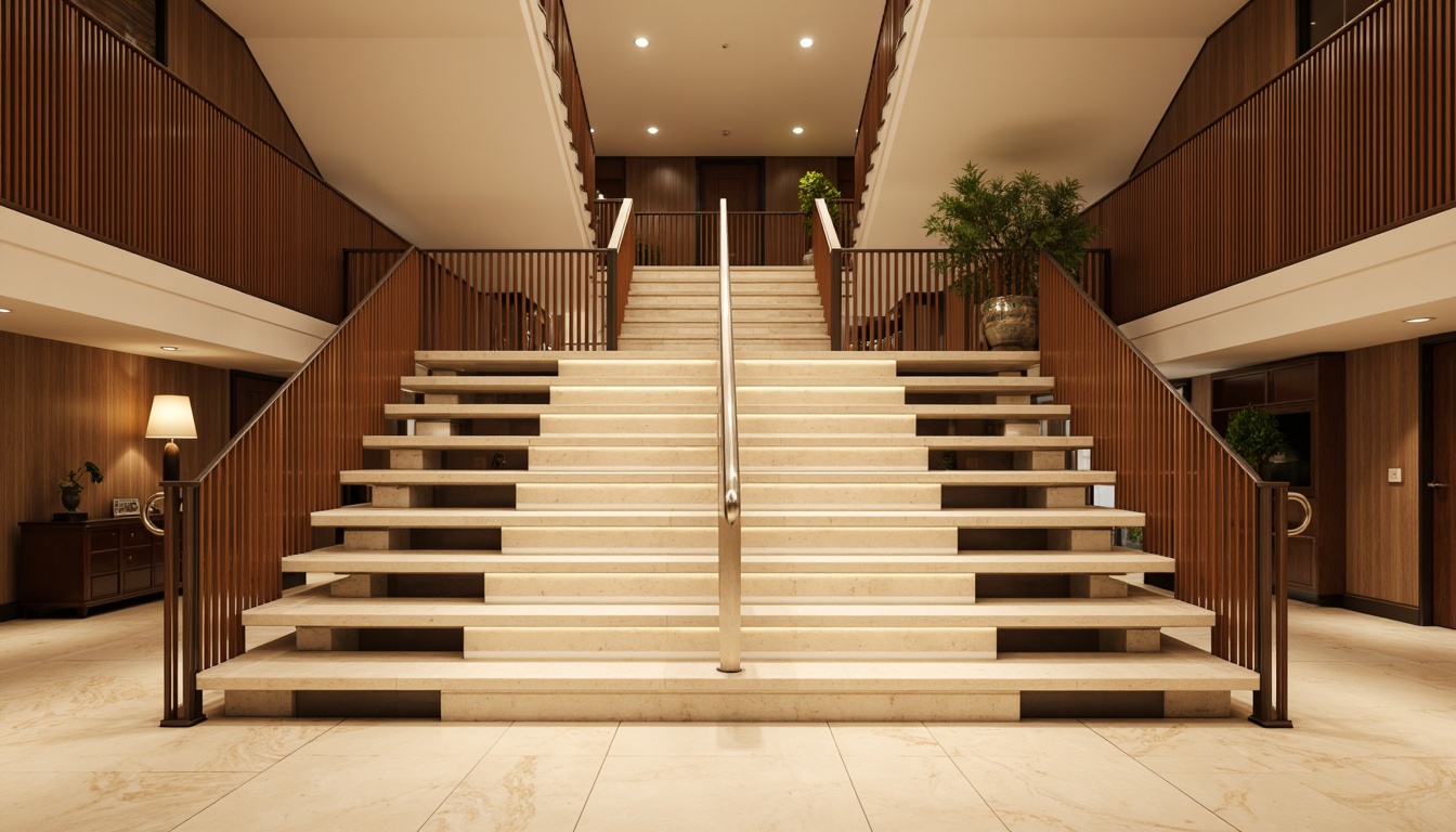 Prompt: Luxurious staircase, elegant balustrades, sleek metal handrails, polished chrome details, modern minimalist design, open risers, floating treads, LED lighting strips, warm wood tones, creamy marble flooring, high ceilings, spacious landing areas, 3/4 composition, shallow depth of field, soft warm lighting, realistic textures, ambient occlusion.