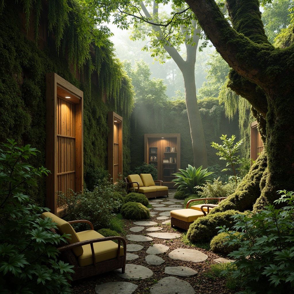 Prompt: Moss-covered ancient forest, misty atmosphere, soft warm lighting, vibrant greenery, earthy tones, natural stone pathways, wooden accents, rustic furniture, cozy reading nooks, plush moss-green upholstery, woven wicker baskets, distressed wood textures, serene ambiance, shallow depth of field, 1/1 composition, realistic foliage, ambient occlusion.