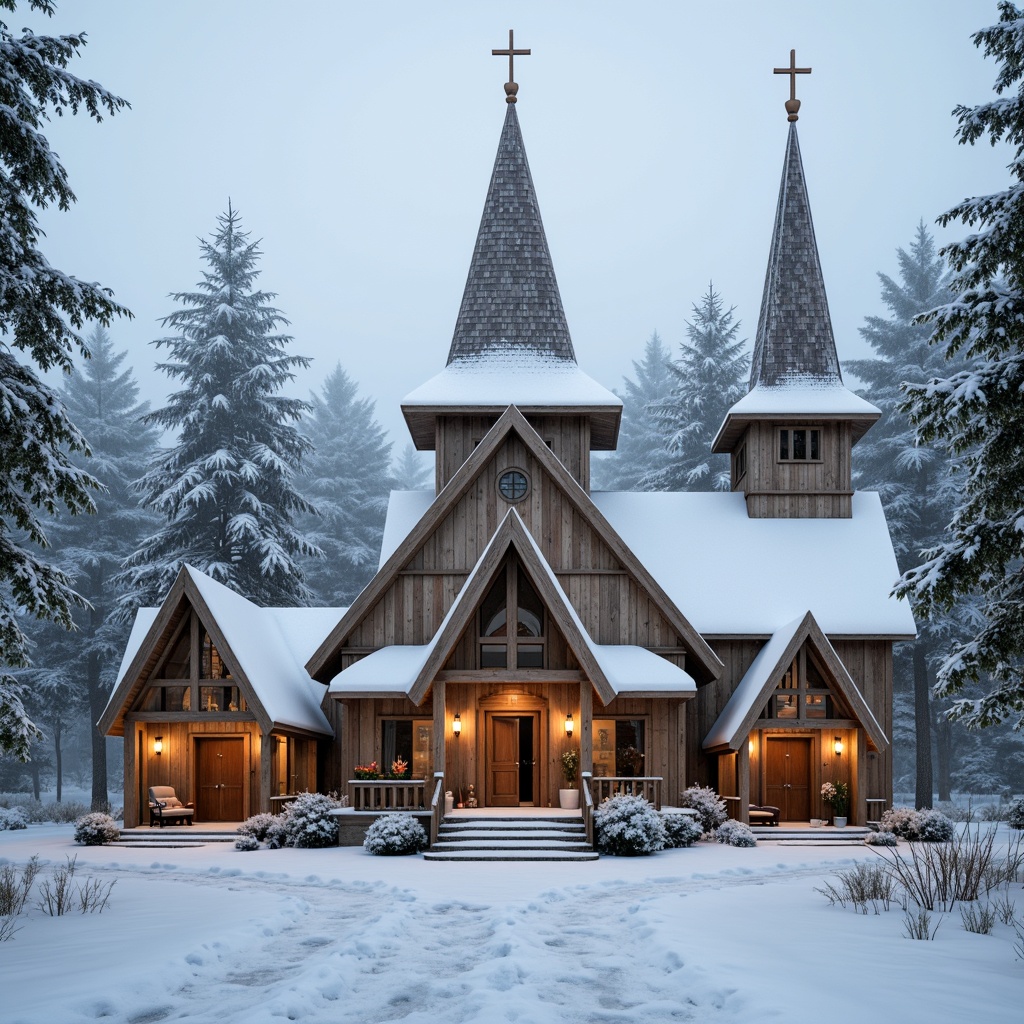 Prompt: Snow-covered wooden churches, minimalist steeples, Nordic crosses, natural stone foundations, wooden shingles, rustic doorways, candles and lanterns, simplistic interiors, whitewashed walls, vaulted ceilings, wooden pews, subtle lighting, warm atmosphere, cozy nooks, serene ambiance, peaceful surroundings, misty mornings, soft diffused light, shallow depth of field, 1/2 composition, realistic textures, ambient occlusion.