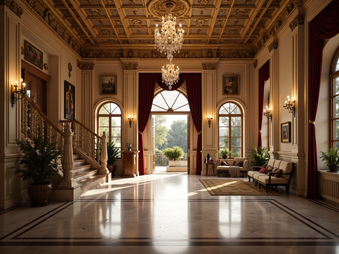 Prompt: Luxurious entrance, ornate moldings, grand archways, intricate carvings, polished marble floors, crystal chandeliers, majestic columns, regal staircases, opulent furnishings, velvet drapes, gilded accents, warm golden lighting, shallow depth of field, 1/2 composition, realistic textures, ambient occlusion.