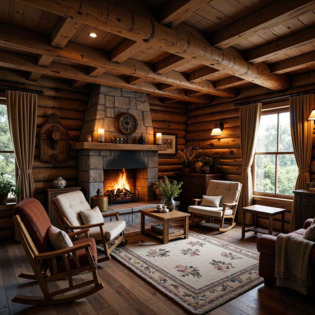 Prompt: Rustic wooden cabin, natural stone foundation, earthy brown color palette, rough-hewn wood beams, distressed textures, vintage metal hardware, ornate ironwork, warm candlelight, cozy fireplace, plush throw blankets, rich leather upholstery, natural fiber rugs, botanical prints, antique furniture pieces, wooden rocking chairs, lantern-style lighting, shallow depth of field, 1/1 composition, soft focus effect, realistic wood grain, ambient occlusion.