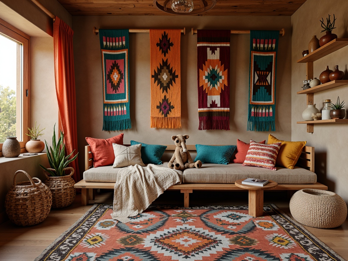 Prompt: Vibrant Native American patterned blankets, turquoise and coral hues, woven Navajo-inspired rugs, natural fiber textiles, earthy tone wallpaper, wooden furniture with carved tribal motifs, colorful ceramic pottery, woven basket storage, plush desert animal toys, Southwestern-style dreamcatchers, warm golden lighting, shallow depth of field, 1/1 composition, realistic textures, ambient occlusion.