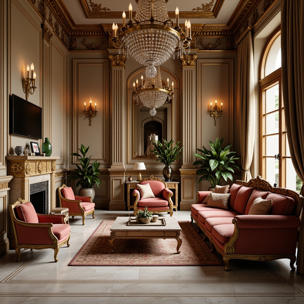 Prompt: Elegant villa interior, neoclassical furniture style, ornate carvings, gold leaf accents, plush velvet fabrics, curved lines, symmetrical compositions, crystal chandeliers, marble floors, rich wood tones, decorative moldings, sophisticated color palette, soft warm lighting, subtle shadows, shallow depth of field, 2/3 composition, realistic textures, ambient occlusion.