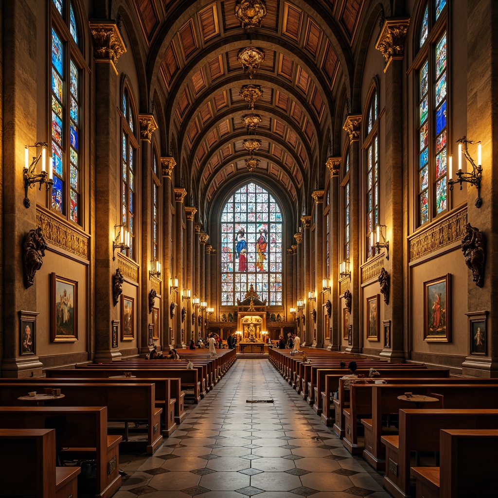 Prompt: Intricate Gothic arches, ornate golden decorations, majestic statues, sacred relics, vibrant stained glass windows, polished marble floors, grandiose chandeliers, solemn atmosphere, soft warm lighting, shallow depth of field, 3/4 composition, symmetrical framing, realistic textures, ambient occlusion.