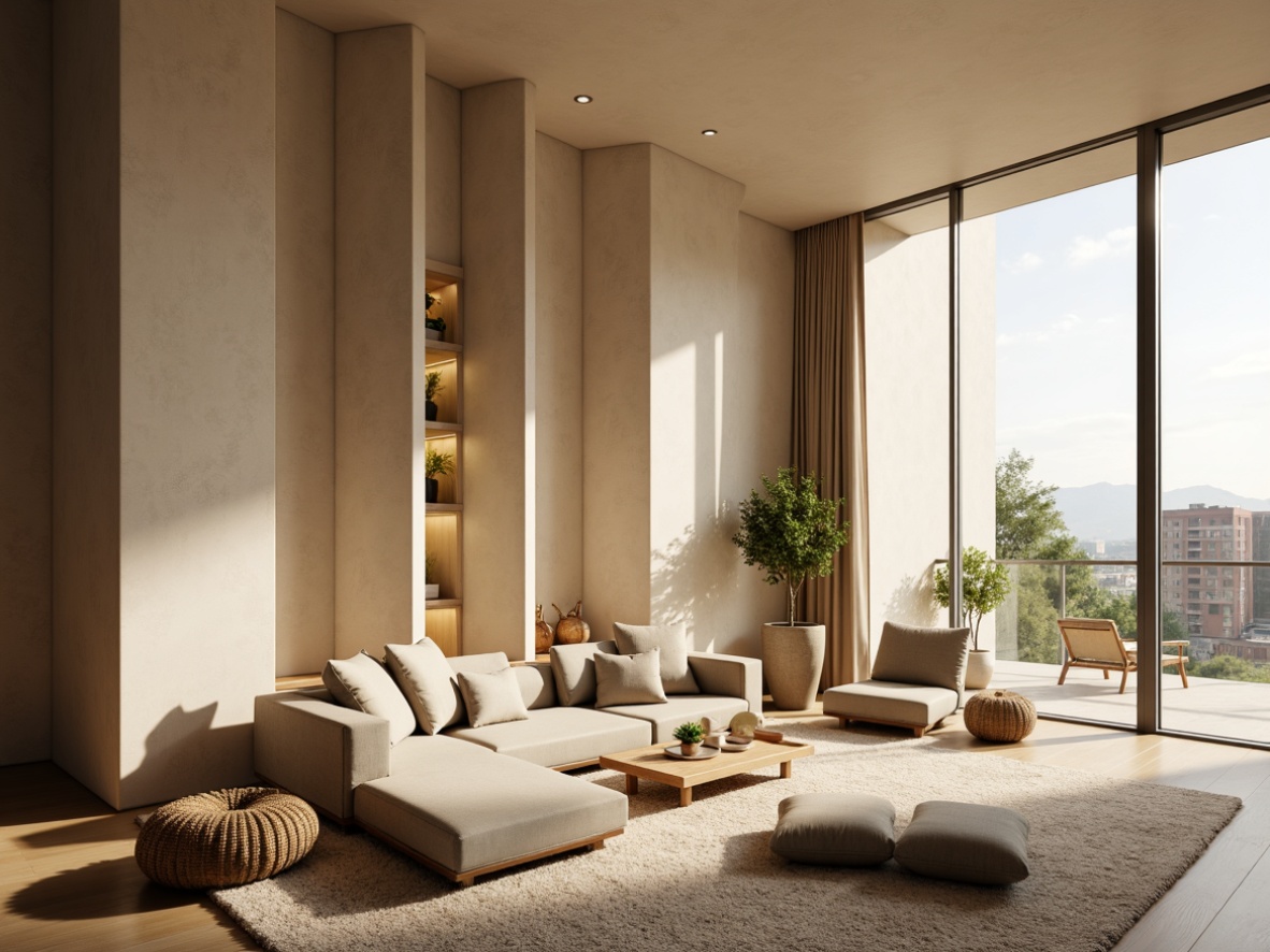 Prompt: Serene living room, calming atmosphere, sound-absorbing acoustic panels, soft cushions, plush carpets, warm beige walls, natural wood furniture, minimalist decor, floor-to-ceiling windows, soft diffused lighting, peaceful ambiance, cozy reading nook, comfortable seating area, soothing color palette, earthy tones, subtle textures, shallow depth of field, 1/1 composition, realistic renderings, ambient occlusion.