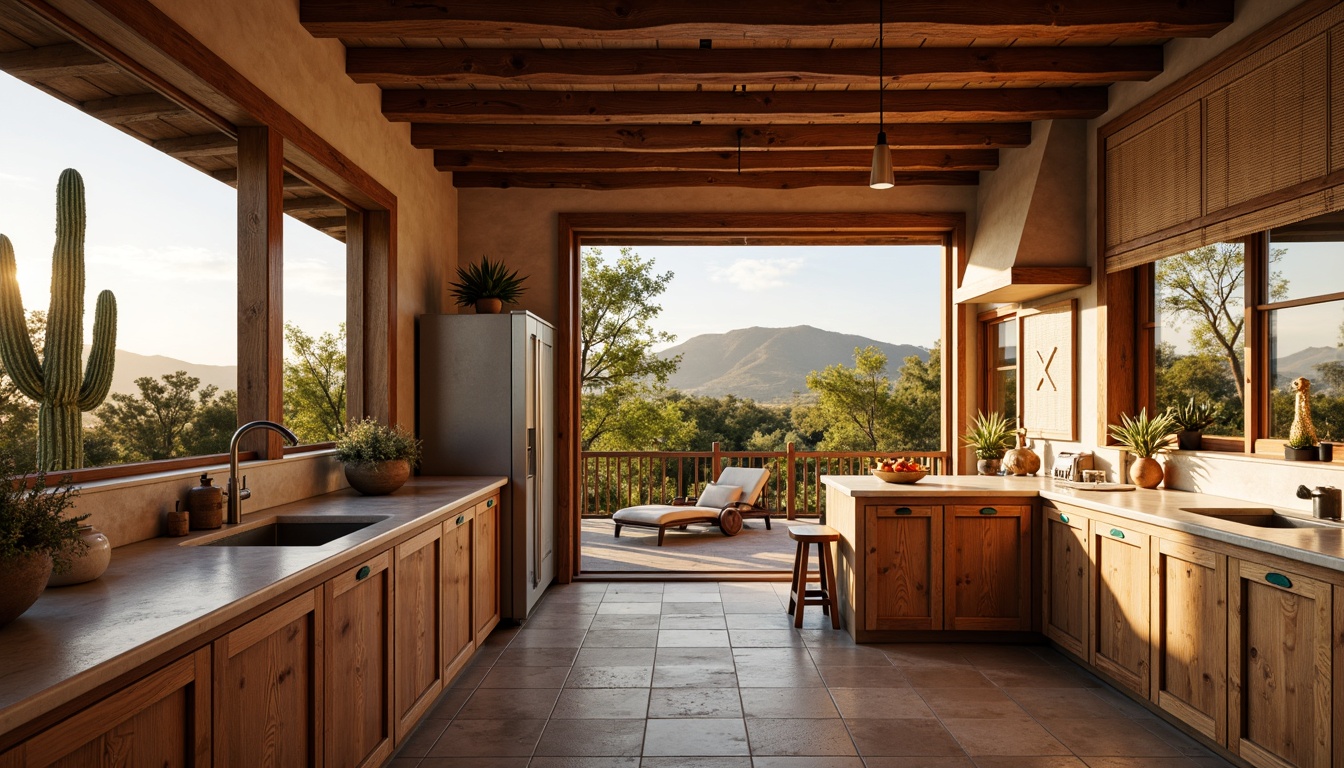 Prompt: \Southwestern kitchen, warm earthy tones, rustic wooden cabinets, turquoise inlays, distressed finishes, woven textiles, natural stone countertops, pendant lighting, ceramic tiles, arid landscape views, cactus silhouettes, warm golden lighting, shallow depth of field, 1/1 composition, realistic textures, ambient occlusion.\