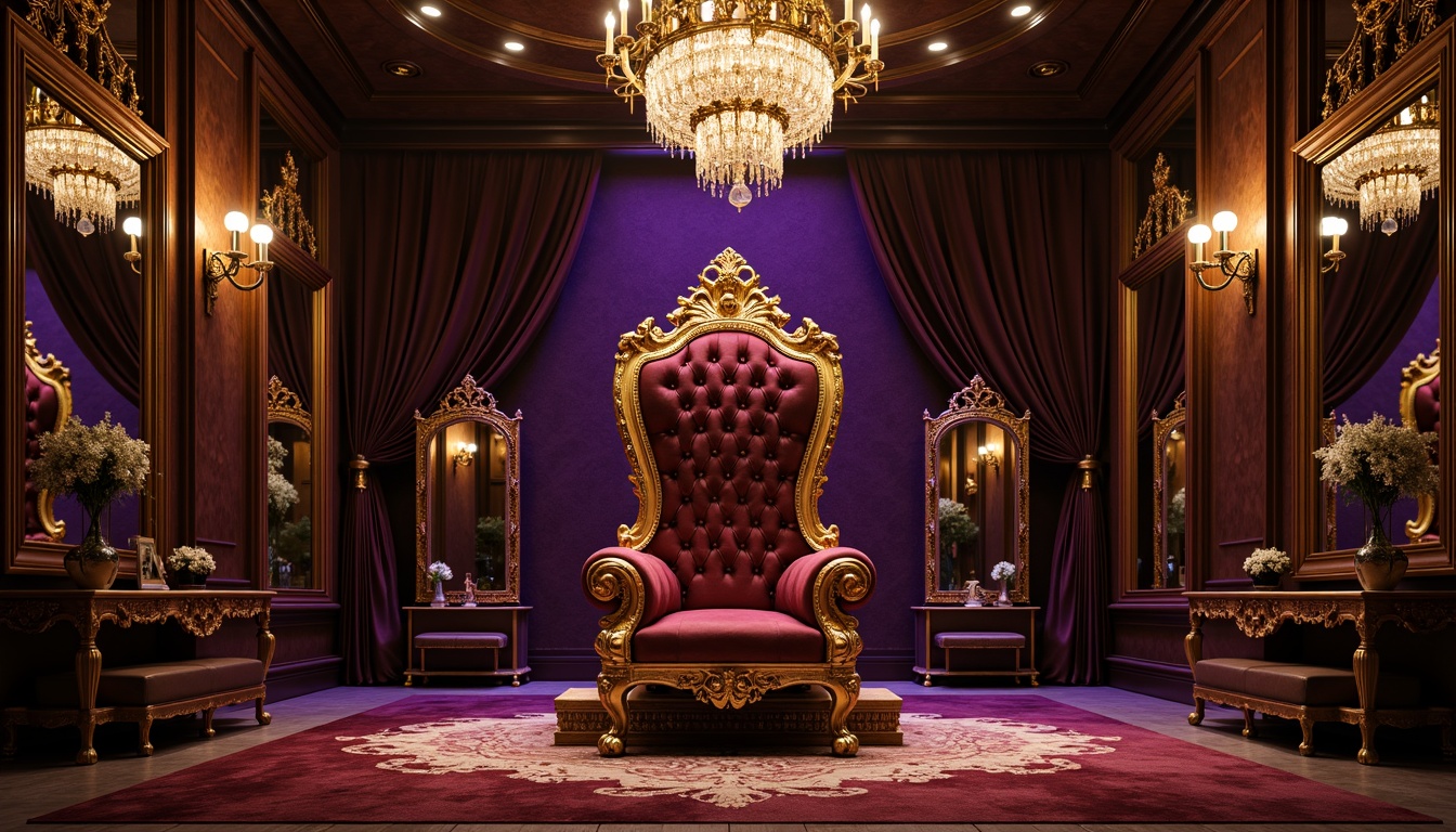 Prompt: Luxurious golden throne, intricately carved wooden legs, velvet upholstery, ornate gilded frames, majestic curved lines, lavish drapery, opulent chandeliers, grandiose mirrors, antique furnishings, rich brocade fabrics, intricate inlays, ornamental metalwork, regal purple hues, warm soft lighting, dramatic shadows, 1/1 composition, realistic textures, ambient occlusion.