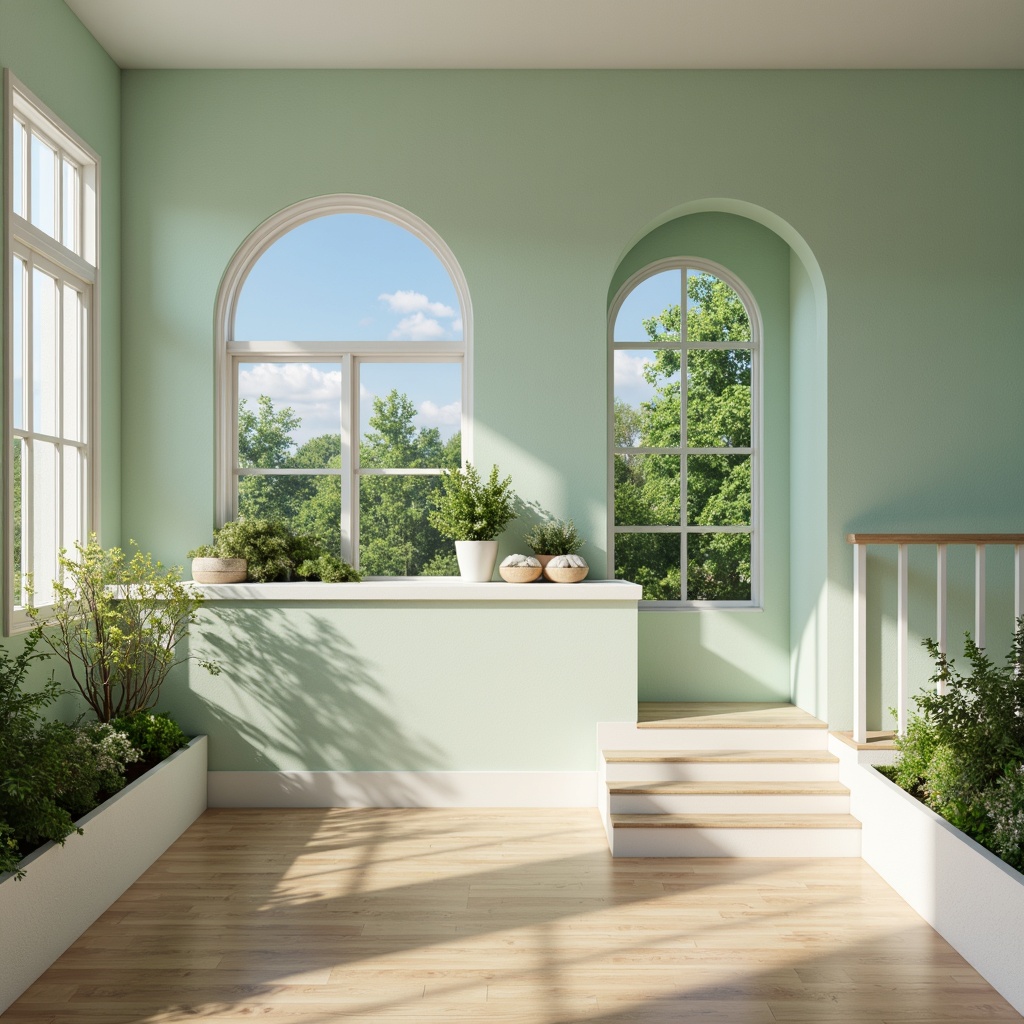 Prompt: Soft mint green walls, creamy white accents, warm beige floors, calming blue-grey skies, lush foliage, natural textures, subtle wood grain patterns, gentle morning light, softbox lighting, shallow depth of field, 1/1 composition, peaceful ambiance, realistic renderings, ambient occlusion.