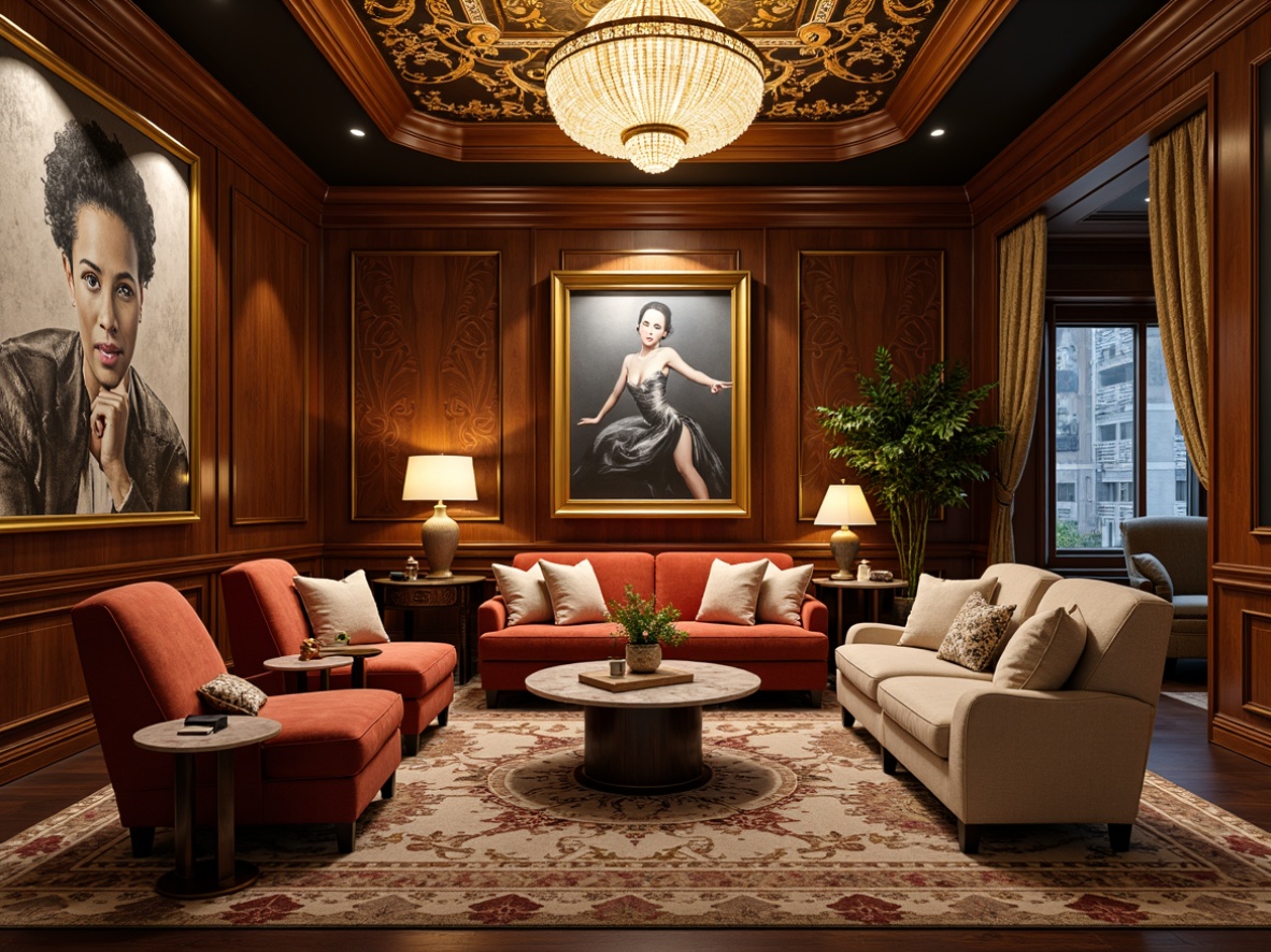 Prompt: Luxurious Art Deco living room, ornate golden frames, velvet upholstered sofas, marble coffee tables, geometric patterned rugs, metallic accents, lavish chandeliers, rich wood paneling, curved lines, opulent fabrics, bold colors, glamorous lighting fixtures, metallic leaf motifs, exotic wood veneers, bespoke cabinetry, intricate inlays, statement pieces, high-gloss finishes, sophisticated ambiance, warm atmospheric lighting, shallow depth of field, 1/1 composition, realistic reflections.