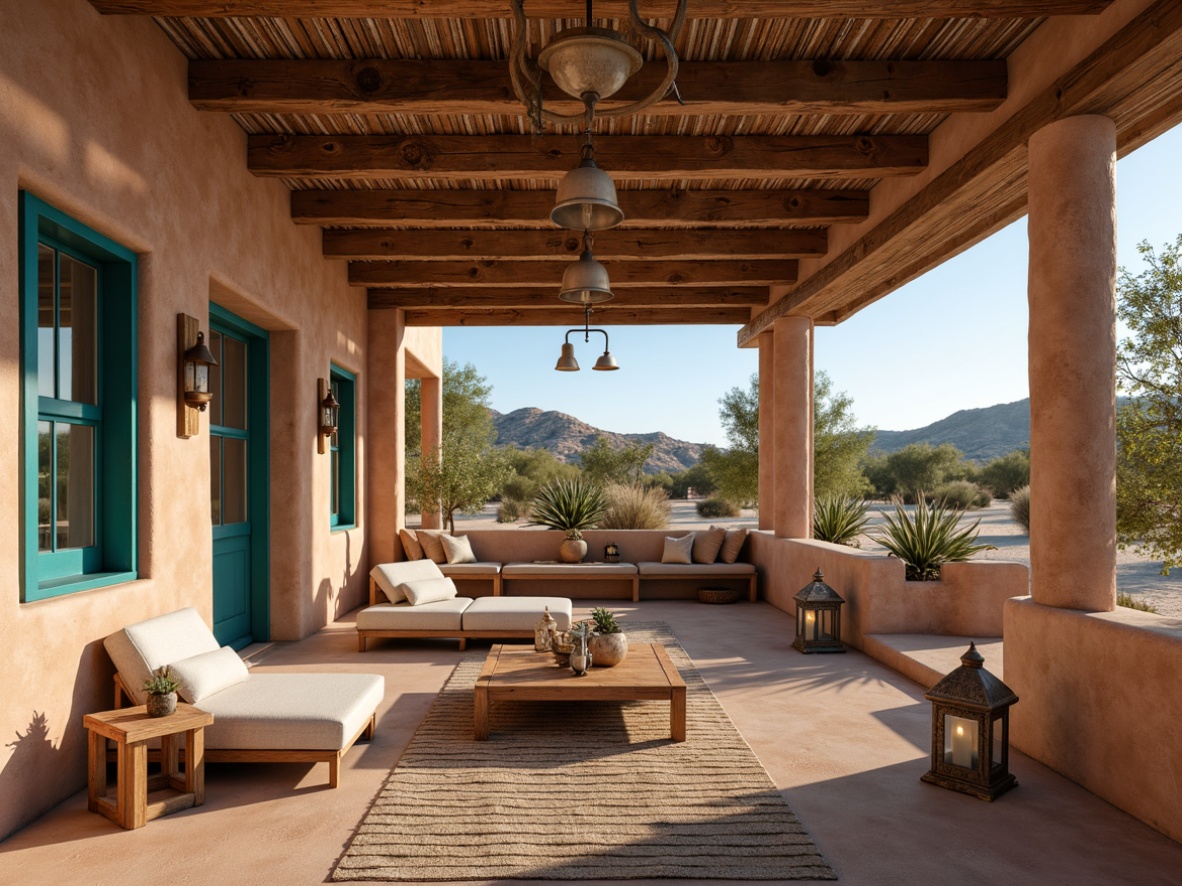 Prompt: Southwestern-style adobe architecture, warm earthy tones, rustic wooden beams, vibrant turquoise accents, woven textiles, natural linen fabrics, distressed metal lanterns, pendant lighting fixtures, candle-like chandeliers, soft warm glow, ambient shadows, desert landscape views, cacti silhouettes, sandy dunes, clear blue skies, sunny afternoon light, shallow depth of field, 3/4 composition, realistic textures, ambient occlusion.