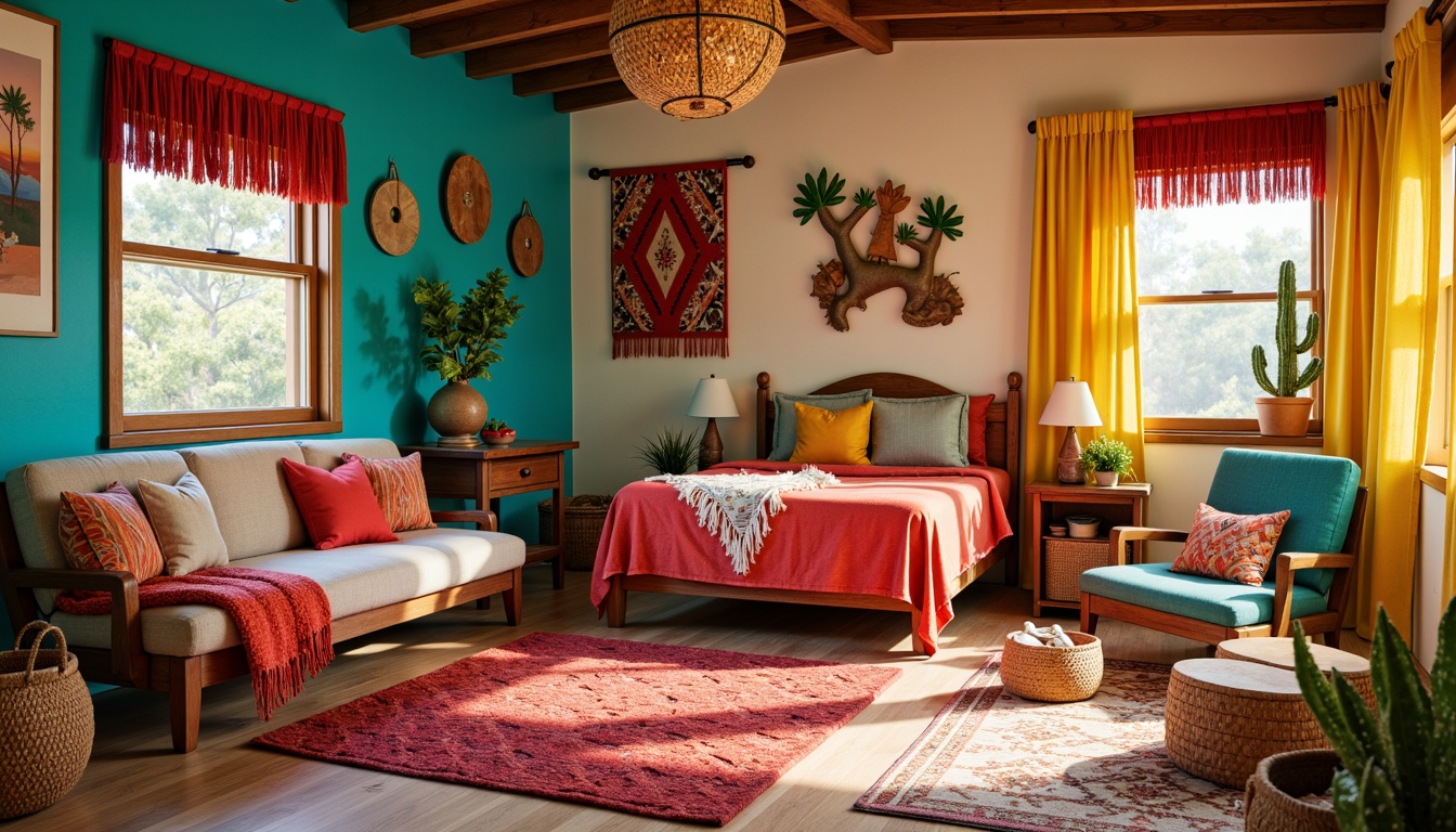 Prompt: Vibrant turquoise accents, bold red and orange hues, playful Navajo-inspired patterns, soft plush area rugs, woven baskets, rustic wooden furniture, natural fiber fabrics, geometric-shaped wall decor, sunny yellow window treatments, bright coral-colored bedding, colorful kilim pillows, whimsical cactus-shaped decorative objects, warm beige walls, traditional Southwestern motifs, lively fringe details, eclectic global-inspired accessories, cozy reading nooks, adventurous explorer-themed artwork.