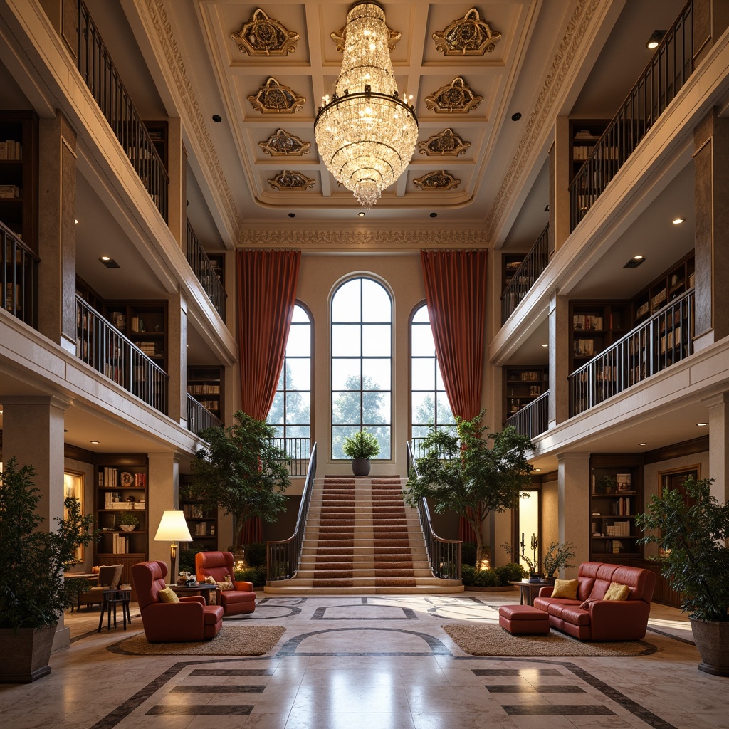 Prompt: Grand staircase, high ceilings, ornate chandeliers, marble flooring, luxurious furnishings, velvet drapes, floor-to-ceiling windows, natural stone fireplaces, built-in bookshelves, coffered ceiling details, elegant archways, sophisticated color palette, warm ambient lighting, 1/1 composition, realistic textures, subtle shading, refined interior design elements.