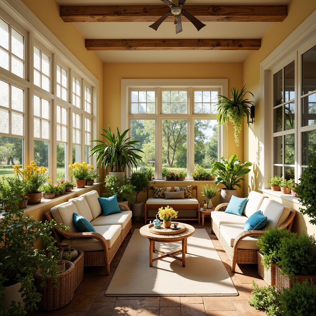 Prompt: Vibrant sunroom, natural light pouring in, warm beige walls, lush greenery, bright floral arrangements, comfortable wicker furniture, soft cushions, calming blue accents, creamy white trim, rustic wooden beams, sunny yellow decor, refreshing citrus hues, airy atmosphere, delicate lace curtains, subtle texture variations, warm golden lighting, 1/1 composition, inviting ambiance.