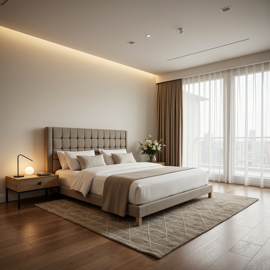 Prompt: Minimalist bedroom, low-profile bedframe, tufted headboard, velvety upholstery, chrome accents, ambient floor lamp, softbox lighting, sleek nightstands, minimalist dresser, geometric-patterned rug, creamy wall color, floor-to-ceiling windows, sheer curtains, natural wood flooring, 1/1 composition, shallow depth of field, warm neutral tones.