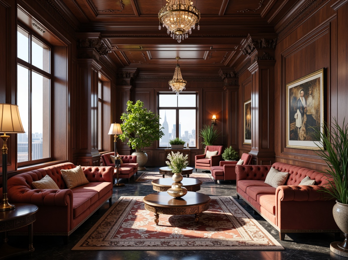 Prompt: Luxurious penthouse interior, classicism style, rich dark wood tones, ornate carvings, velvet upholstery, crystal chandeliers, marble flooring, high ceilings, large windows, city skyline views, sophisticated ambiance, elegant furnishings, tufted leather sofas, polished wooden tables, antique decorative pieces, golden accents, subtle patterned rugs, warm soft lighting, 1/2 composition, shallow depth of field, realistic textures.