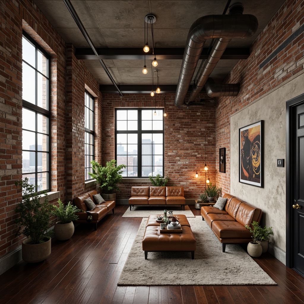 Prompt: Exposed brick walls, metal beams, reclaimed wood floors, industrial lighting fixtures, steel windows, concrete ceilings, urban loft atmosphere, vintage manufacturing equipment, distressed leather sofas, Edison bulb chandeliers, rough-textured stone accents, minimalist decor, functional pipes, modern art installations, cityscape views, warm neutral color palette, high ceiling, open floor plan, 1/1 composition, realistic textures, ambient occlusion.