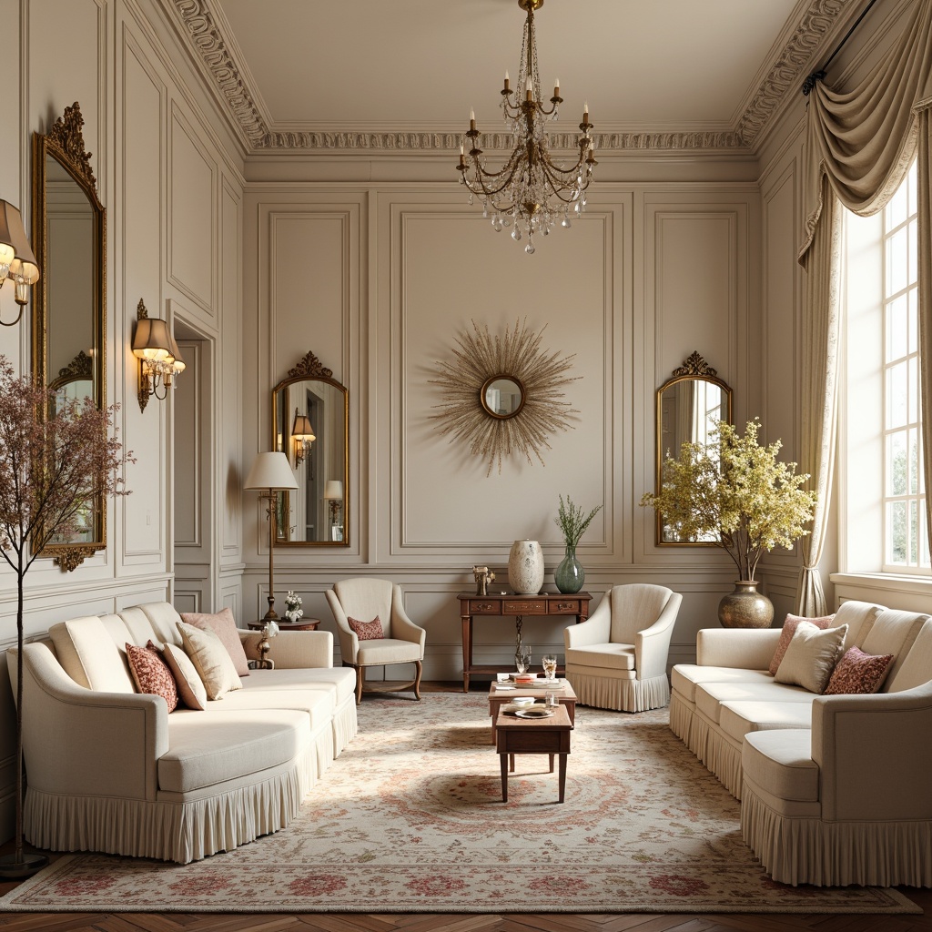 Prompt: Luxurious interior, ornate furnishings, soft pastel hues, creamy whites, rich gold accents, velvet textures, intricately patterned rugs, delicate floral arrangements, ornamental mirrors, crystal chandeliers, lavish drapery, subtle sheen, warm candlelight, 1/1 composition, shallow depth of field, realistic reflections.