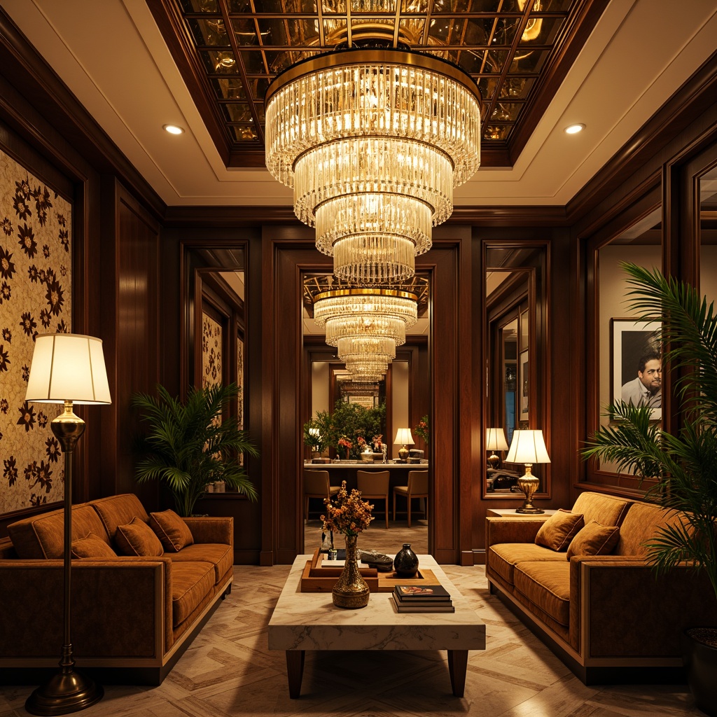 Prompt: Luxurious art deco living room, opulent chandeliers, crystal drops, ornate metalwork, geometric patterns, velvet sofas, rich wood accents, marble coffee tables, metallic floor lamps, sculptural shapes, warm golden lighting, soft warm glow, ambient illumination, 1/1 composition, shallow depth of field, realistic textures, cinematic mood.