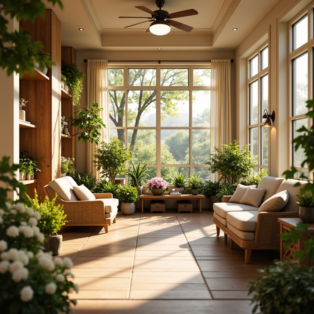 Prompt: Vibrant sunroom, natural sunlight, warm beige walls, rich wood accents, comfortable seating areas, lush greenery, blooming flowers, soft pastel colors, calming atmosphere, relaxing ambiance, warm golden lighting, shallow depth of field, 1/1 composition, realistic textures, ambient occlusion.