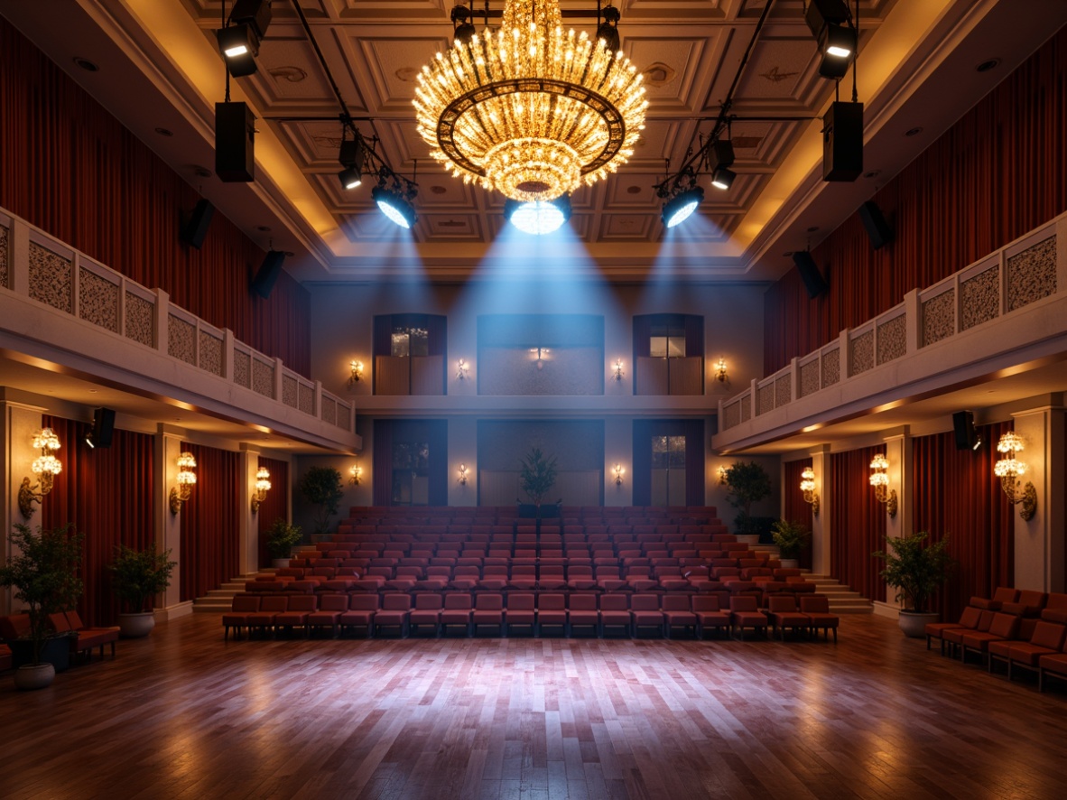 Prompt: Grand auditorium, ornate chandeliers, LED stage lights, dimmable spotlights, ceiling-mounted speakers, polished wooden floors, velvet curtains, tiered seating, elegant balconies, luxurious upholstery, crystal sconces, floor-to-ceiling windows, natural daylight, warm ambient glow, dramatic shadows, high-contrast lighting, dynamic beam angles, 1/2 composition, realistic reflections, soft box lighting, subtle color temperature shifts.