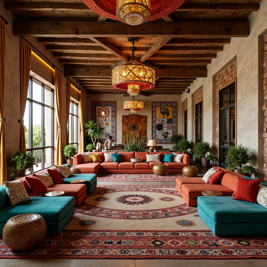 Prompt: Vibrant turquoise accents, earthy terracotta tones, rustic wooden beams, bold geometric patterns, colorful Navajo-inspired rugs, plush velvet fabrics, metallic gold details, ornate wrought iron fixtures, grand chandeliers, opulent drapery, luxurious leather upholstery, rich wood paneling, statement stone walls, desert botanicals, cacti arrangements, warm golden lighting, dramatic ceiling treatments, dynamic spatial layouts, energetic atmosphere, immersive gaming areas.