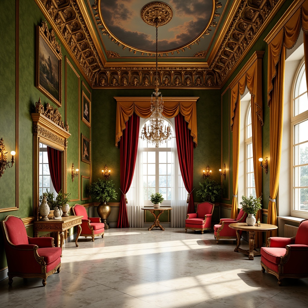 Prompt: Richly ornate Baroque interior, lavish furnishings, intricate carvings, gilded accents, velvety smooth fabrics, jewel-toned colors, emerald green walls, ruby red drapes, golden yellow tapestries, creamy white marble floors, ornate mirrors, crystal chandeliers, soft warm lighting, shallow depth of field, 1/2 composition, realistic textures, ambient occlusion.