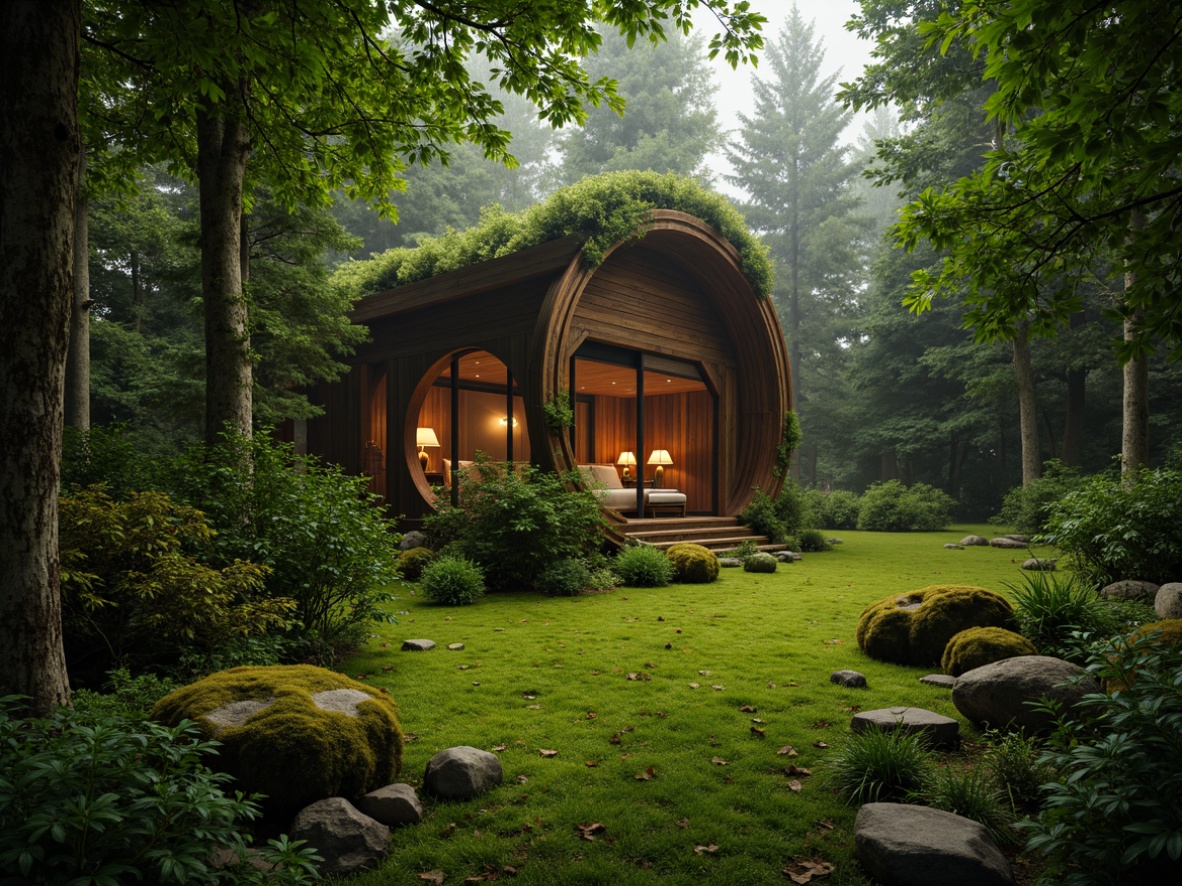 Prompt: Mossy forest floor, lush greenery, vibrant foliage, earthy scent, natural stone walls, wooden accents, organic shapes, curved lines, whimsical patterns, soft warm lighting, shallow depth of field, 1/1 composition, intimate atmosphere, realistic textures, ambient occlusion, cozy cabin, secluded clearing, misty morning, dew-kissed leaves, rustic charm.