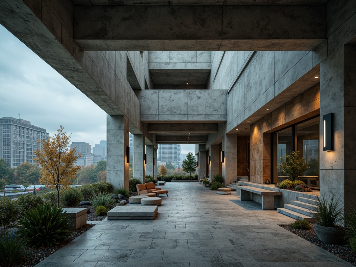 Prompt: Exposed concrete walls, raw steel beams, industrial-style lighting fixtures, bold geometric shapes, brutalist architecture, functional minimalism, rugged stone flooring, weathered wooden accents, distressed metal textures, muted color palette, cold blue-grey tones, warm beige undertones, subtle greenery, urban cityscape views, overcast sky, dramatic shadows, high-contrast lighting, cinematic composition, stark realism, atmospheric misting effects.