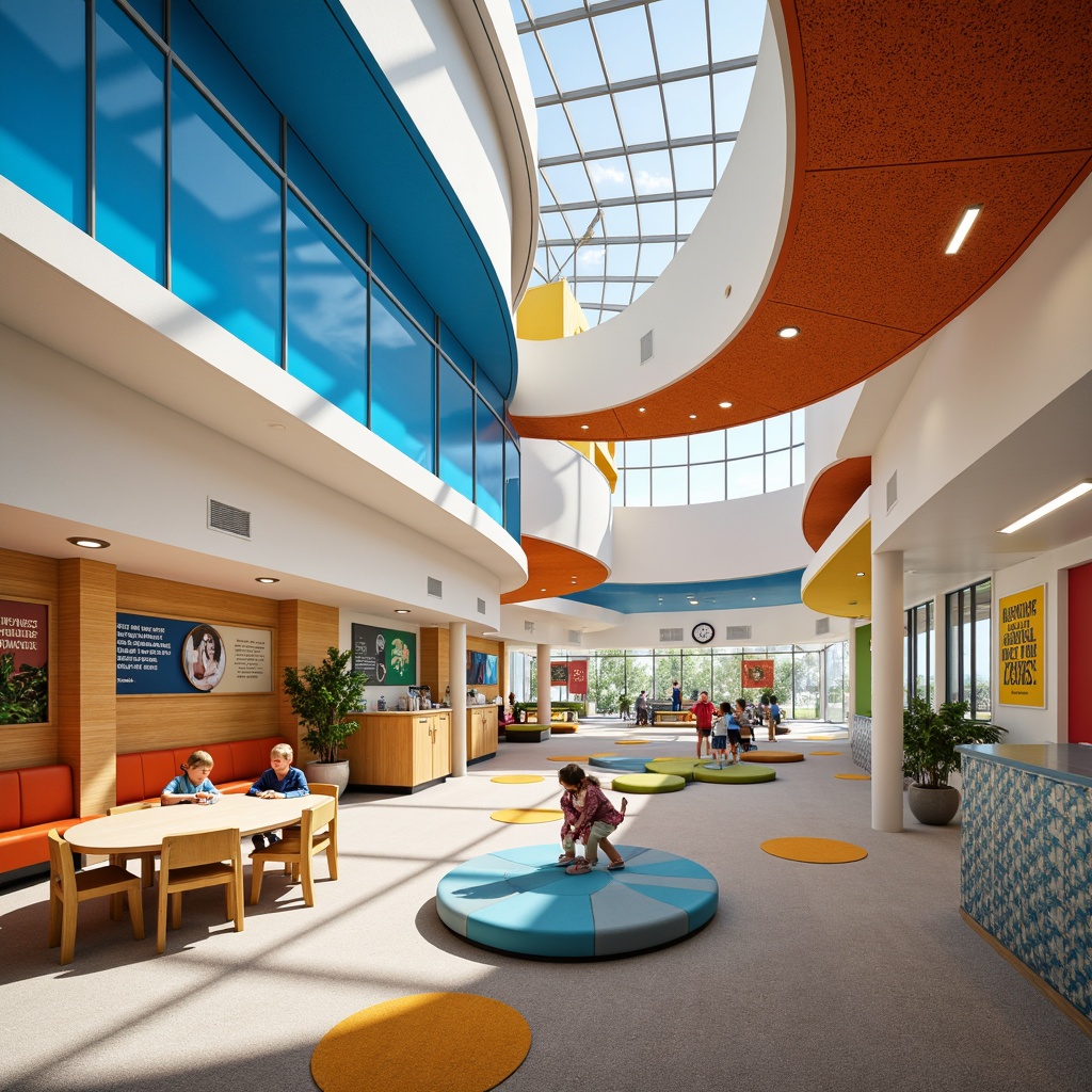 Prompt: Vibrant elementary school building, curved lines, modern architecture, bright color scheme, bold accents, energetic atmosphere, natural light, open classrooms, collaborative learning spaces, playful furniture, soft carpets, acoustic panels, inspiring quotes, motivational murals, abstract geometric patterns, calming blue tones, stimulating orange hues, creamy white walls, rich wood textures, sleek metal fixtures, dynamic LED lighting, shallow depth of field, 1/1 composition, panoramic view.