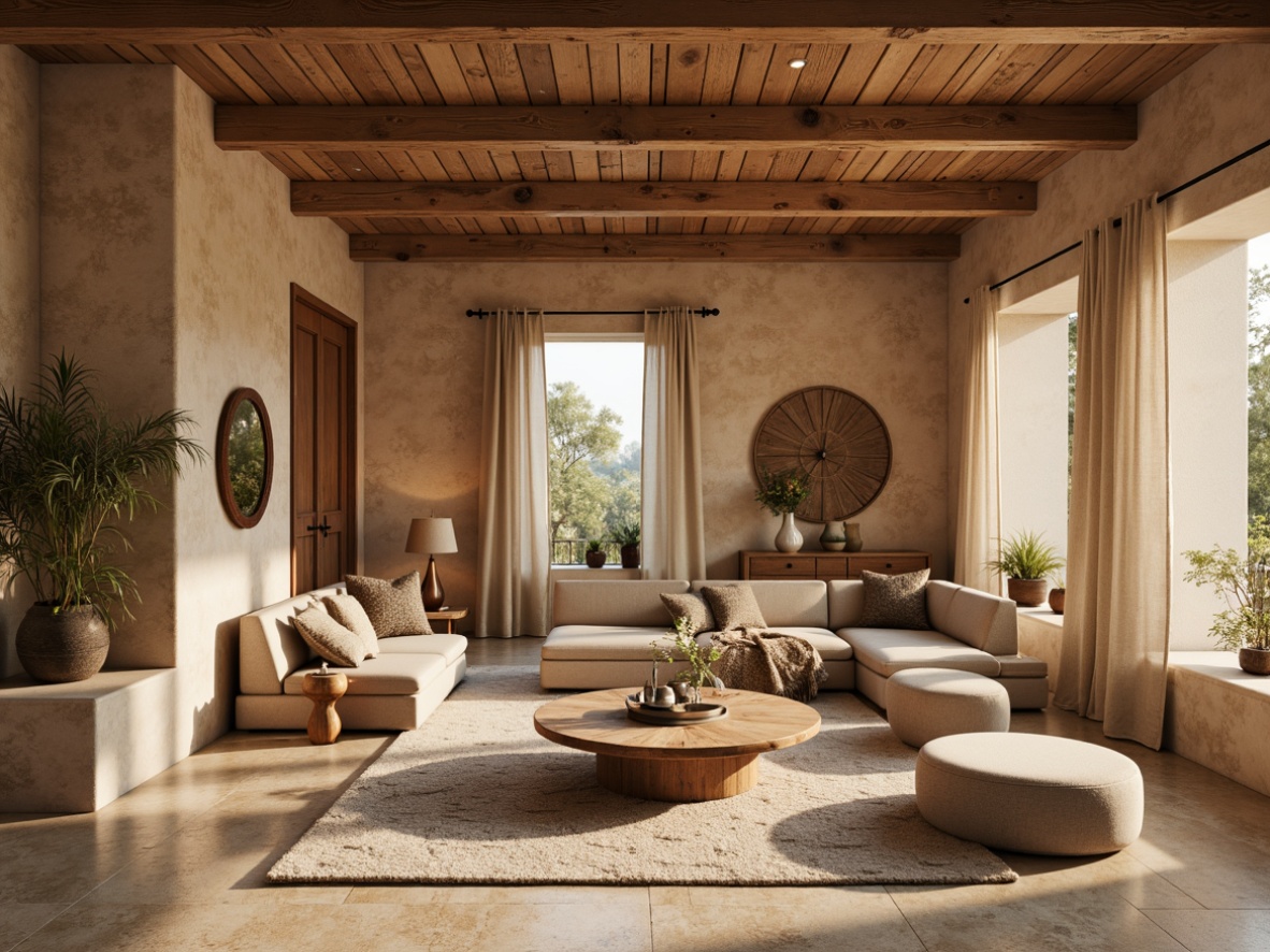 Prompt: Warm beige walls, natural stone textures, rough-hewn wooden accents, soft warm lighting, cozy atmosphere, inviting ambiance, plush furnishings, rustic decorative elements, earthy color palette, organic shapes, irregular patterns, tactile surfaces, soothing colors, calming environment, 3/4 composition, shallow depth of field, realistic textures, ambient occlusion.