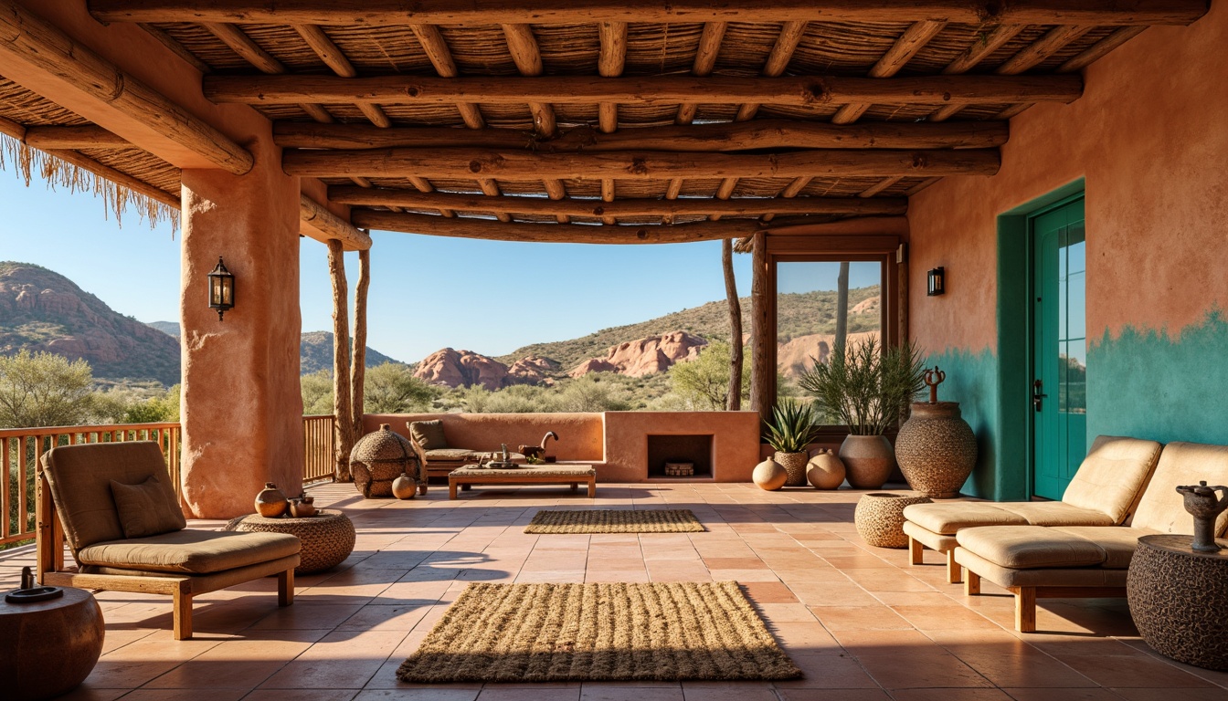 Prompt: Earthy southwestern abode, warm terracotta flooring, rustic wooden accents, woven natural fiber rugs, vibrant turquoise hues, distressed leather furnishings, earthy clay walls, arid desert landscape views, clear blue skies, warm golden lighting, shallow depth of field, 1/1 composition, realistic textures, ambient occlusion.