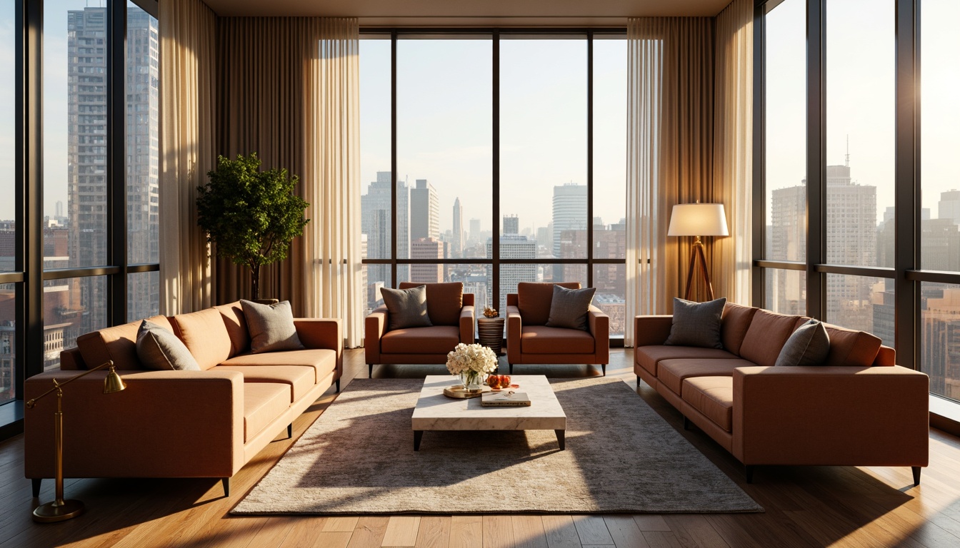 Prompt: Cozy living room, plush sofas, velvety armchairs, wooden coffee tables, marble side tables, luxurious rugs, floor lamps, pendant lights, soft cushions, comfortable throw pillows, natural wood accents, minimalist decor, large windows, urban city views, sunny afternoon, warm golden lighting, shallow depth of field, 1/1 composition, realistic textures, ambient occlusion.