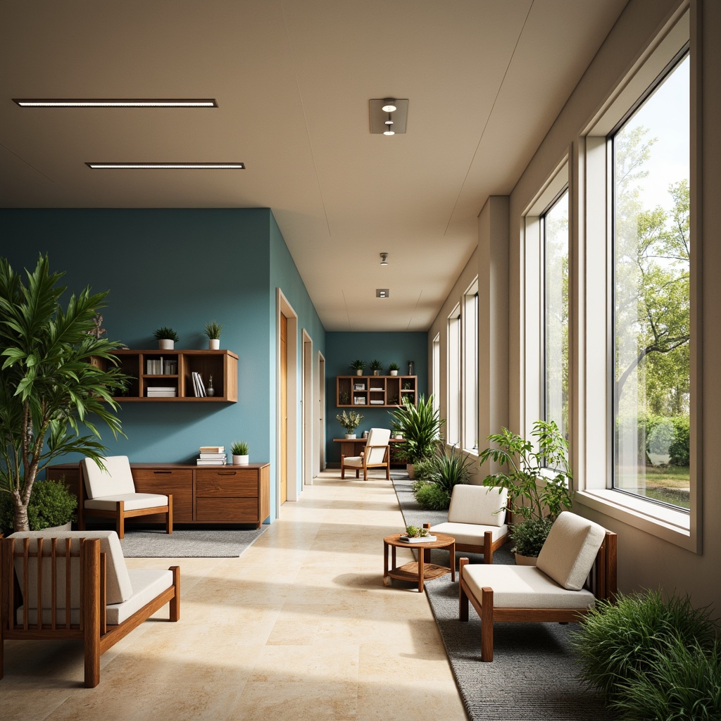 Prompt: Modern office space, neutral beige walls, calming blue accents, wooden furniture, natural textures, earthy tones, vibrant greenery, floor-to-ceiling windows, abundance of natural light, warm creamy lighting, shallow depth of field, 1/1 composition, realistic renderings, ambient occlusion.