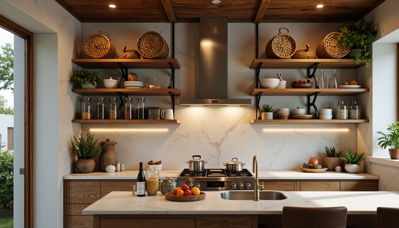 Prompt: Cozy kitchen, warm lighting, wooden pantry shelves, open storage concept, rustic metal brackets, woven baskets, ceramic jars, glass containers, colorful spices, fresh herbs, modern appliances, sleek countertops, marble backsplash, industrial-chic decor, natural stone flooring, airy feel, soft focus, 1/1 composition, still life photography.