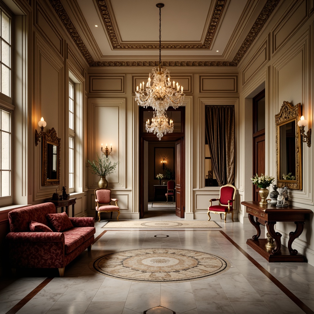 Prompt: Elegant hall interior, neoclassical architecture, ornate moldings, crystal chandeliers, marble floors, luxurious velvet upholstery, carved wooden furniture, gilded frames, antique vases, rich brocade fabrics, subtle warm lighting, shallow depth of field, 1/1 composition, symmetrical arrangement, harmonious color palette, soft gentle curves, refined intricate details.